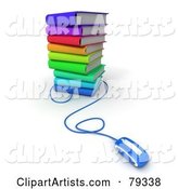 Blue Computer Mouse Connected to a Stack of Colorful Literature Text Books