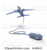 Blue Computer Mouse Wired to a Departing Airplane