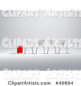 Rejected Red Chair Lying Beside a Row of White Standing Chairs