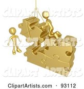 Rendered Gold Men Directing a Hoisted Puzzle Piece into a Space