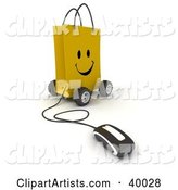 Computer Mouse Connected to a Smiling Yellow Shopping Bag on Wheels