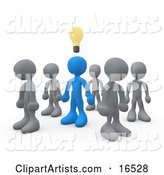 One Blue Person in a Group of Gray People, Thinking up a Creative Idea, with a Lightbulb over His Head