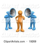 Two Blue Megaphone Headed People Shouting at an Orange Person, Trying to Influence His Beliefs