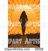 Brown Silhouetted Woman Walking on a Path Towards an Orange Sunset