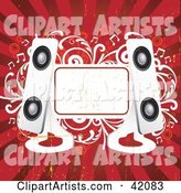 Red and White Grunge Music Background of Modern Speakers, a Blank Text Box and Vines