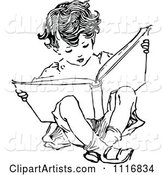 Retro Vintage Black and White Boy Reading and Sitting
