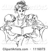 Retro Vintage Black and White Mother Reading to Her Children