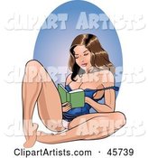 Sexy Brunette Pinup Woman in a Slip, Relaxing and Reading