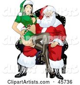 Sexy Pinup Woman in an Elf Uniform, Sitting on Santa's Lap
